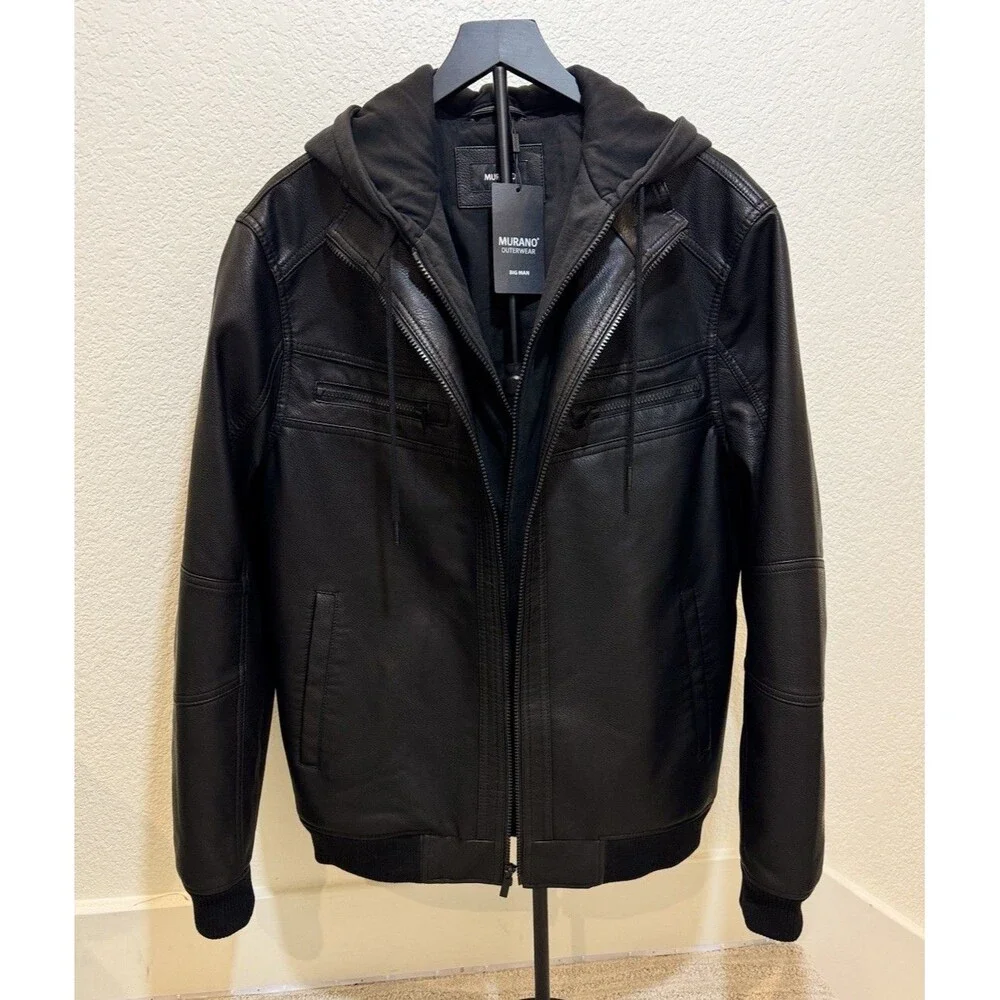Murano Big & Tall Black Bomber with Knit Hood Faux Leather Jacket. Size LT . New